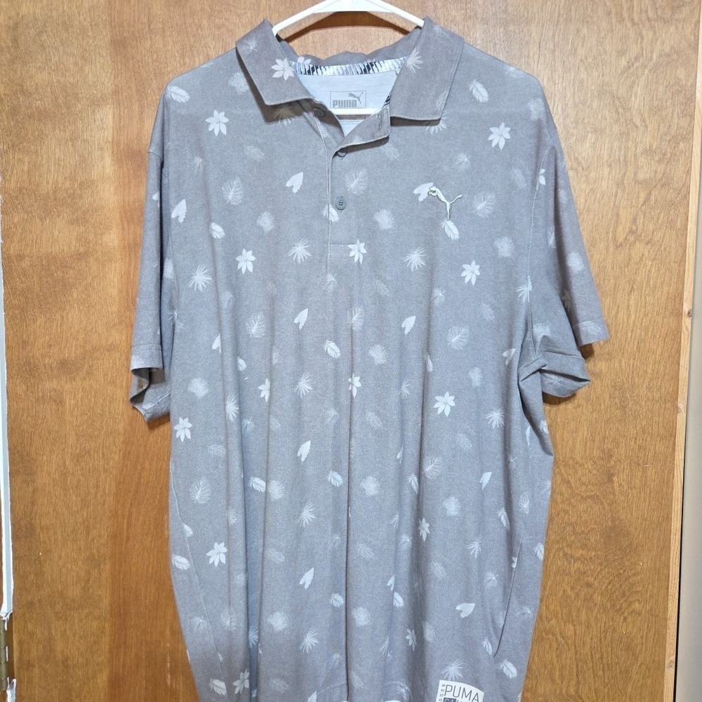 Puma Golf Polo Shirt Mens XL Grey Tropical Leaf Print Carlsbad California